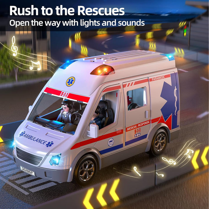 Play Ambulance Toy for Kids 3 4 5 6 7 8 Years Old - Friction Powered Truck with Light and Sound, Carrier Vehicle with Figures Toys, Gifts for Boys Girls Age 3-12