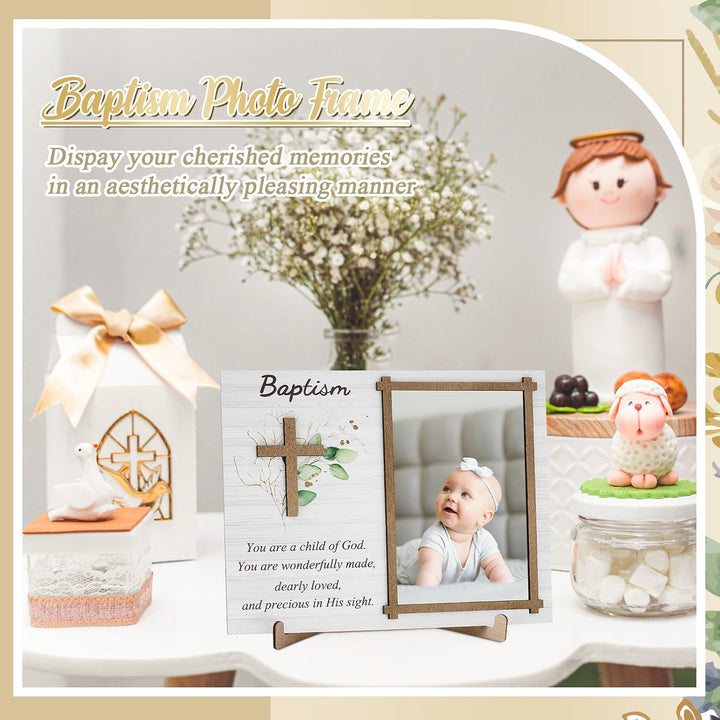 Baptism Photo Frame with Gift Box 4 X 6 Inch Baptism Wooden Picture Frame Catholic Keepsake Gifts for Girl Boy Baby Shower Godchild New Baby Religious Christening Party Favors(Leaf)