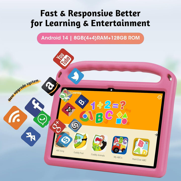Kids Tablet, 10 Inch Tablet for Kids 128GB ROM Octa-Core 6000Mah Battery, Android 14 Toddler Tablet with 5G WIFI Parental Control Eye Protection, Shockproof Case, Netflix Youtube, Gift for Children