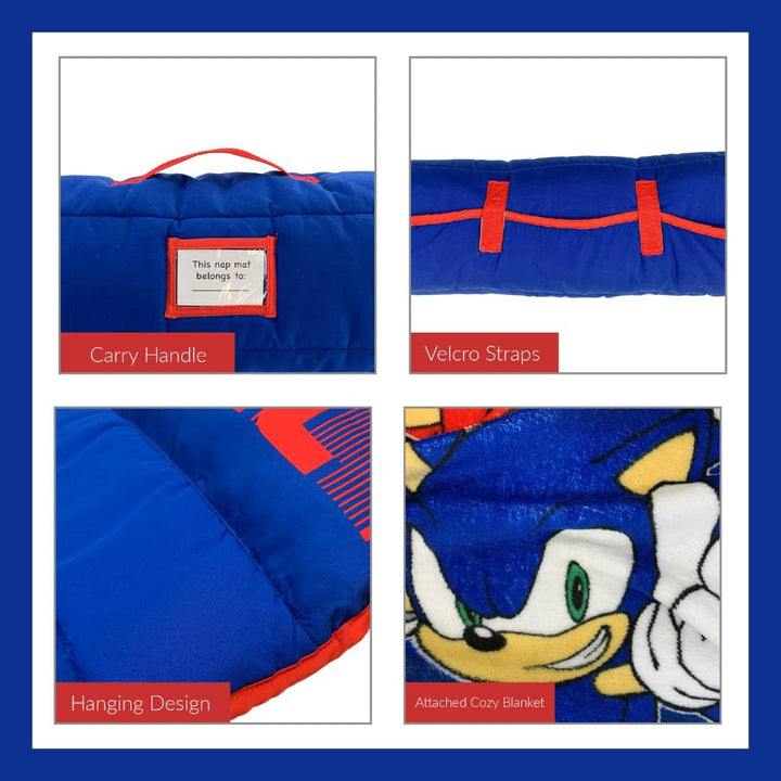 Sonic the Hedgehog 21"(W) X 45"(L) Soft Toddler Nap Mat with Pillow and Blanket Perfect for Preschool, Daycare, and Travel (100% Official Licensed Product)