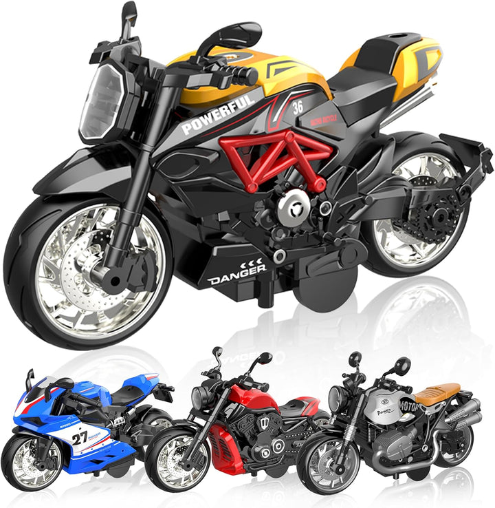 Alloy Metal Diecast Motorcycle Model Toy Set, 4 Pack of 1:12 Scale Die-Cast Motorcycles with Light&Sounds, Pull Back Function Toy Moto Bike for Kids Boys Girls and Collectors Ages 3 and Up