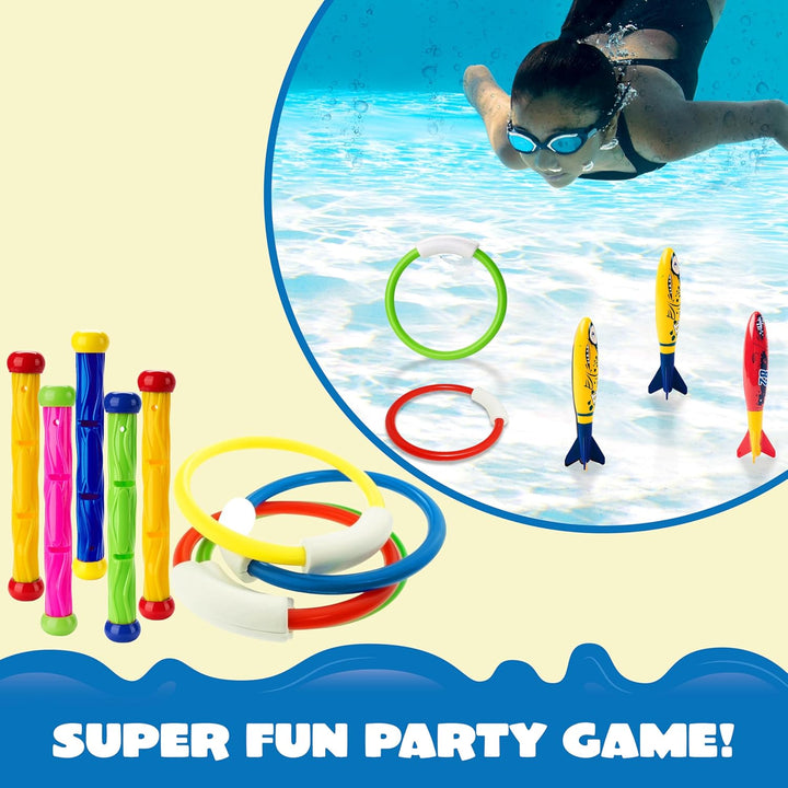18Pcs Diving Pool Toys for Kids, Swimming Pool Toy with Storage Bag Includes 4 Pool Rings, 4 Diving Sticks, 4 Bandits, 6 Treasures Underwater Swim Pool Games for Ages 8-12