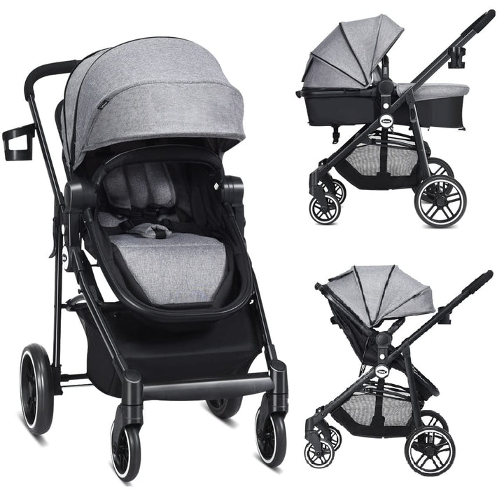 2 in 1 Baby Stroller, High Landscape Infant Stroller & Reversible Bassinet Pram, Foldable Pushchair with Adjustable Canopy, Cup Holder, Storage Basket, Suspension Wheels (Green)