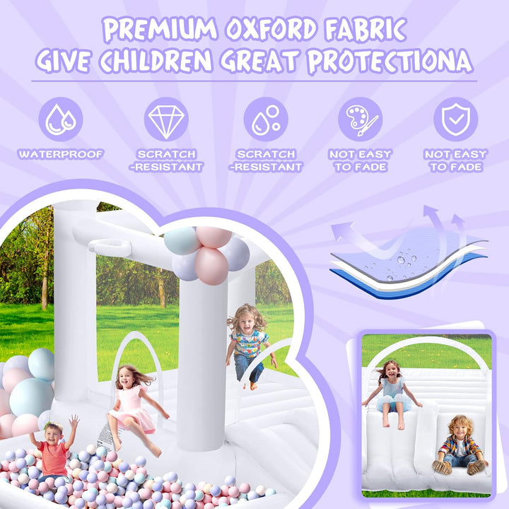 White Bounce House, Inflatable Bounce Castle with Double Slide Ball Pit 370W Blower Bouncer for Toddler, Bounce House Bouncy Castle for Indoor Outdoor Backyard Wedding Kids Birthday Party