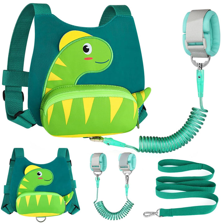 Toddler Harness with Leash, Cute Dinosaur Kids Harness + anti Lost Wrist Link, Mini Child Harness Leash Wristband Strap Belt Protector for Baby Boys Girls to Outdoor Travel (Blue)