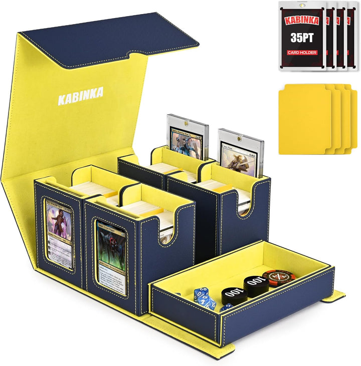 Card Deck Box for MTG with Commander Display, 5 in 1 Card Storage Box Fits 400+ Double-Sleeved Cards, Removable Deck Case for Tcg/Sports Cards with Dice Tray, 4 Magnetic Card Holders (Black Purple)