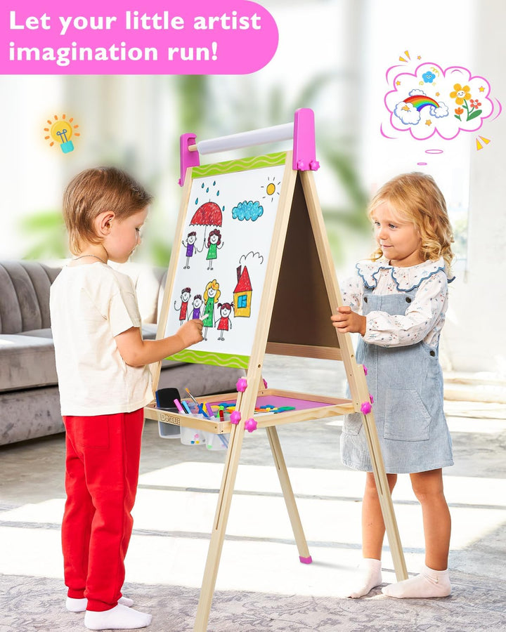 Easel for Kids,Wooden Toddler Art Easel,Kid Toys for Ages 5-7 8-13,3 4 5 6 7 8 9 Year Old Boy Girl Birthday Gifts,Double-Sided Magnetic Dry Erase Whiteboard and Chalk Board with Art Supplie Paper Roll