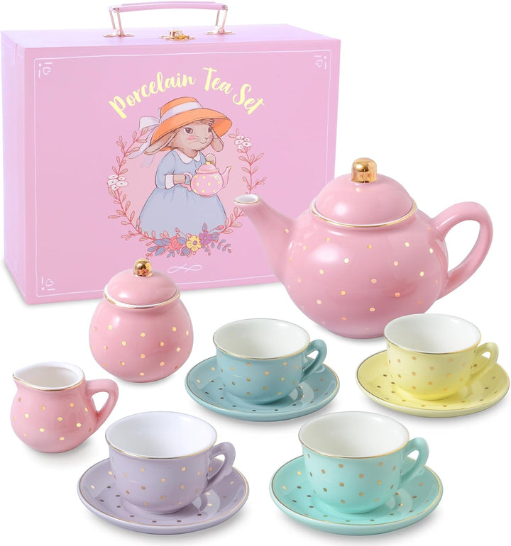 Porcelain Tea Set for Girls - White & Floral Tea Party Set for Kids I Complete Children Tea Sets with Carry Case, Teapot, Cups and More, Birthday Gift for Little Girls & Toddlers