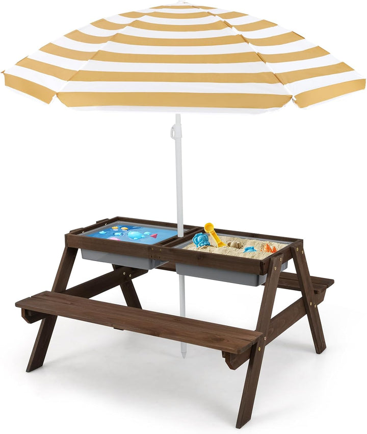 Kids Picnic Table with Sensory Bins, 4 in 1 Sand and Water Table with Height Adjustable Umbrella, Removable Tabletop for Outdoor Backyard Patio Play
