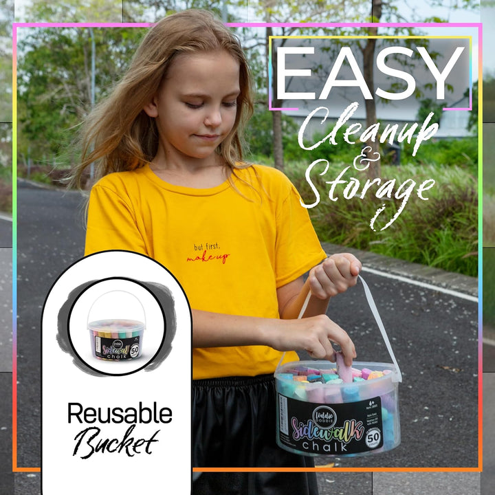 Sidewalk Chalk for Kids - 50 Count, 12 Multicolor Jumbo Sticks - Non-Toxic & Washable Bulk Chalk Pack in Reusable Bucket - Easy Grip for Vibrant Outdoor Kids Activities