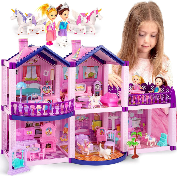 Dollhouse with 4 Princesses, 4 Unicorns, Dog, Furniture and Accessories - Pink and Purple Dream Doll House Toy for Little Girls - 5 Rooms W/Garden, Furniture and Accessories, Gift for Girls Ages 2-7