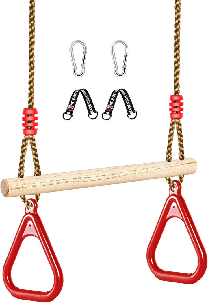Wooden Trapeze Swing Bar, Adjustable Height Swing Set, Gym Rings, Playground Attachments, 16.5" Monkey Bar for Backyard, Playground, Playroom