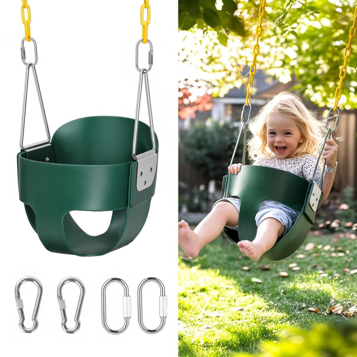 High Back Full Bucket, Toddler Swing with Coated Chains & Triangle Dip Pinch Protection for Safety, Baby Swing Outdoor with Locking Buckles, Toddler Bucket Swing for Backyard, Playground, Green