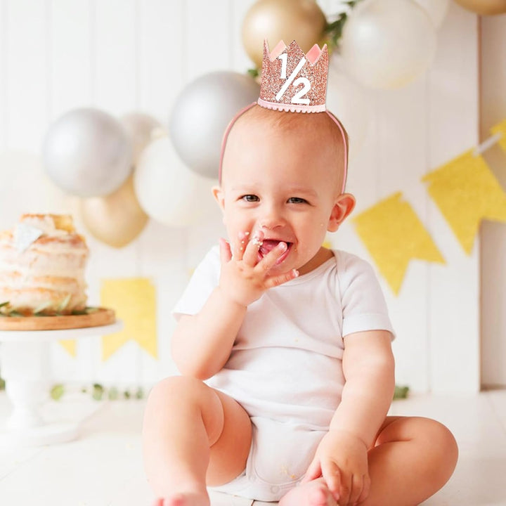 1/2 Birthday Girl Crown - Pink & Rose Gold Adjustable Baby Girl Half Birthday Hat for 6-12 Months, Soft Photo Props for Half Year Celebration, Party Decorations