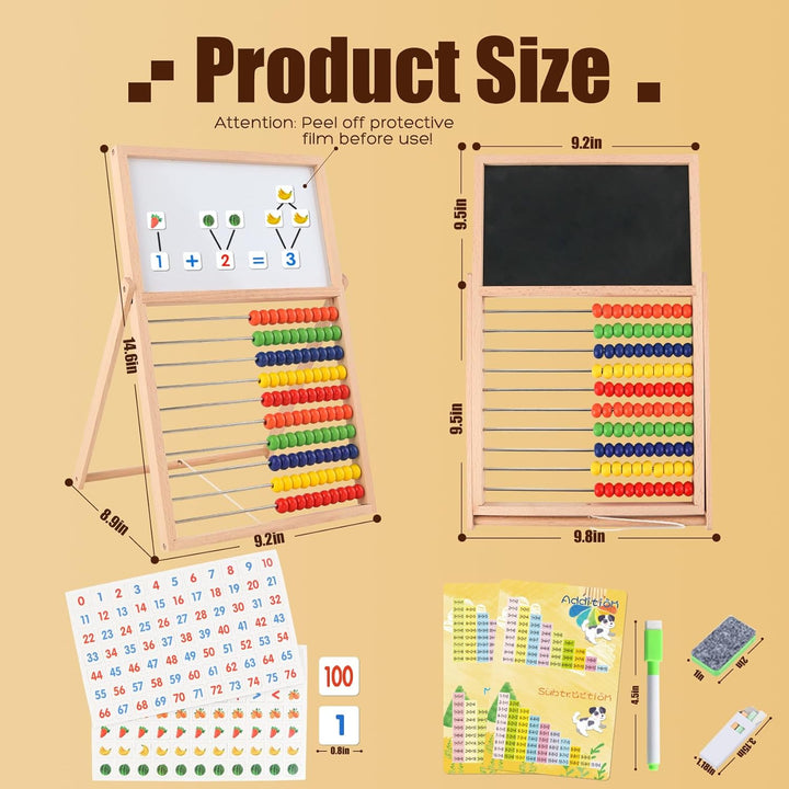 Wooden Abacus for Kids Math - Double-Sided Blackboard Whiteboard Magnetic Abacus for Toddlers 1-3 with 100 Magnetic Number & Fruit Stickers - Educational Counting Games Kids Gift