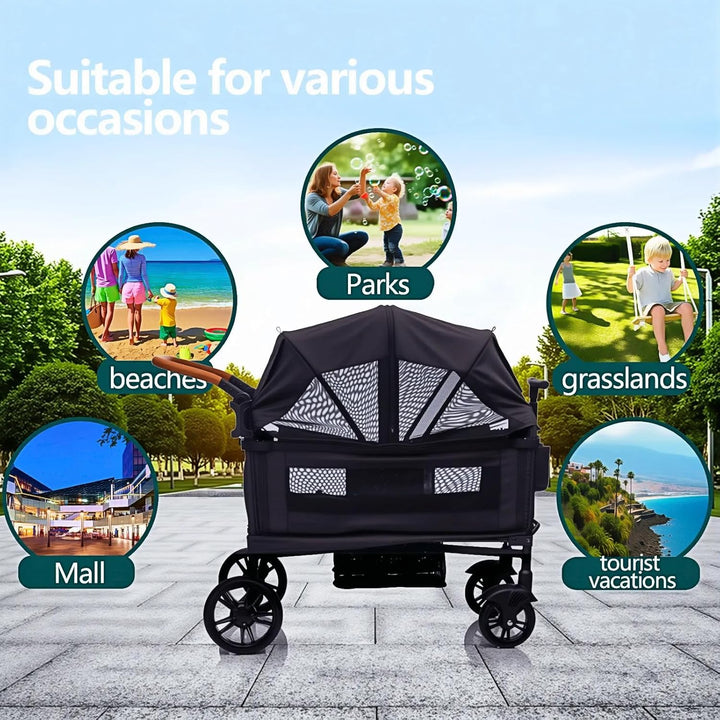 Wagon Stroller for 2 Kids & Cargo-Travel Stroller Push-Pull Double Wagon Lightweight Folding Stroller for Newborn&Toddler with 5-Point Harness,Adjustable Handle Bar and Canopy,Tray Table,Cup Holder