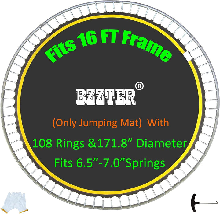 Replacement Trampoline Mat Fits 16 Foot Frame ，171.9“/14.31Ft Diameter with 108Rings,Fits 6.5-7.0" Spring,W/Pull Hook and Gloves