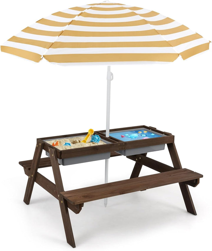 Kids Picnic Table, Outdoor Toddler Wooden Table and Chair Set with Removable Umbrella, Children Activity Furniture Bench Set for Patio Garden Backyard