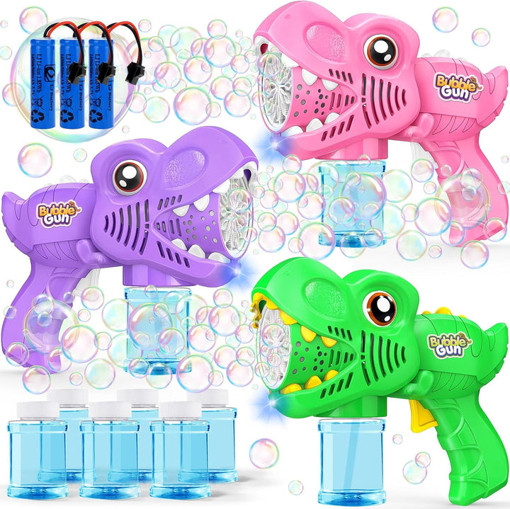 Kids Bubble Gun 2 Pack Dino Bubble Machine Gun for Toddlers with 4 Solutions Automatic 13-Hole Bubbles for Kids Blower Maker Easter Basket Essentials Stocking Stuffers Gift Party Favors for Boys Girls