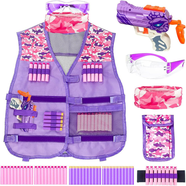 Tactical Vest Kit for Kids, Compatible with Nerf – Includes Vest, 2 Pack Toy Guns, 30 Foam Darts, Goggles, Wristbands, Skull Mask – Great Birthday Gift for Boys and Girls