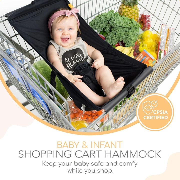 Shopping Cart Hammock – Infant Seat for Grocery Carts – Fits All Car Seat Models – Compatible with Wide 4-Seater Wagons (20”+ Only) – Holds up to 50 Lbs – Black