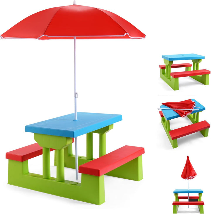 Kids Picnic Table, Kids Outdoor Table and Chairs with Removable and Adjustable Umbrella, Portable Toddler Picnic Table for Patio, Backyard, Garden (Colorful)