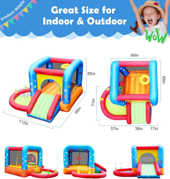 Inflatable Bounce House, Kids Castle Slide Bouncer for Children Jumping Outdoor and Indoor Party, Baby Backyard Water Jumper Toy with Blower, Ball Pit Pool, Ideal Gifts（112 X 98 X 65”）