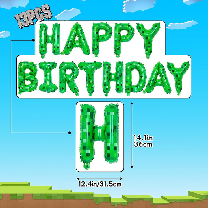 TNT Pixel Happy Birthday Banner Party Decorations Foil Balloons Letters Signs Blast Gaming Party Miner Supplies for Boy Girl