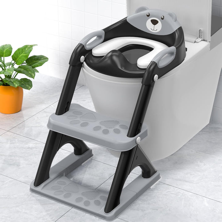 Potty Training Seat with Step Stool Ladder,  Potty Training Toilet for Kids Boys Girls Toddlers - Comfortable Safe Potty Seat with Anti-Slip Pads Ladder Grey