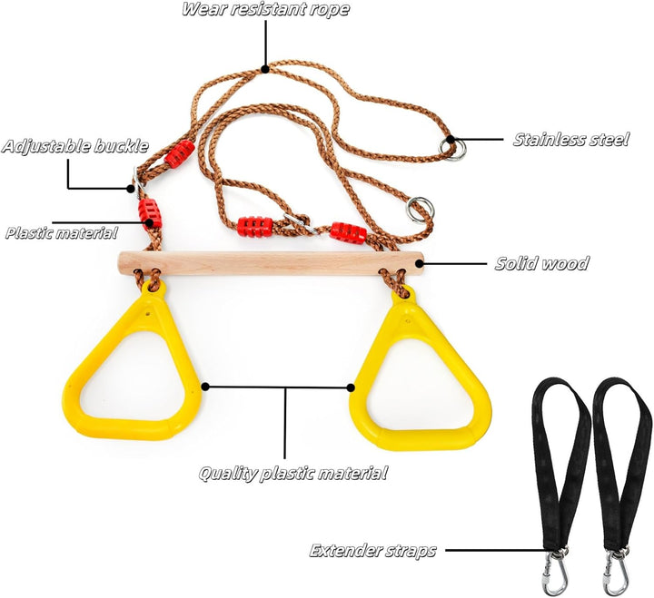 Trapeze Bar, 16" Adjustable Height Wooden Swing Set for Kids, Trapeze Climbing Bar Assembly with Rings, Gym Hanging Accessories Playground Attachments