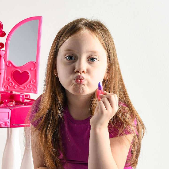 Pretend Play Girls Vanity Set with Mirror and Stool 21 PCS - Kids Makeup Vanity Table Set with Lights and Sounds - Includes Fashion Hair & Makeup Accessories