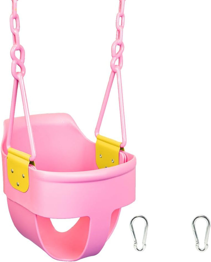 Premium High Back Full Bucket Toddler Swing Seat with Finger Grip, Plastic Coated Chains and Carabiners for Easy Install - Green -