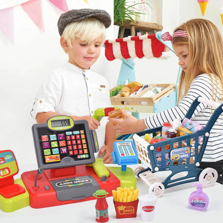 Kids Cash Register Toy Pretend Play with Real Calculator Sound Scanner/Shopping Cart/Food/Play Money, Learning Counter Grocery Store Playset Toys Gift for Kid Boy Girl Age 3 4 5 6 7 8 Years Old
