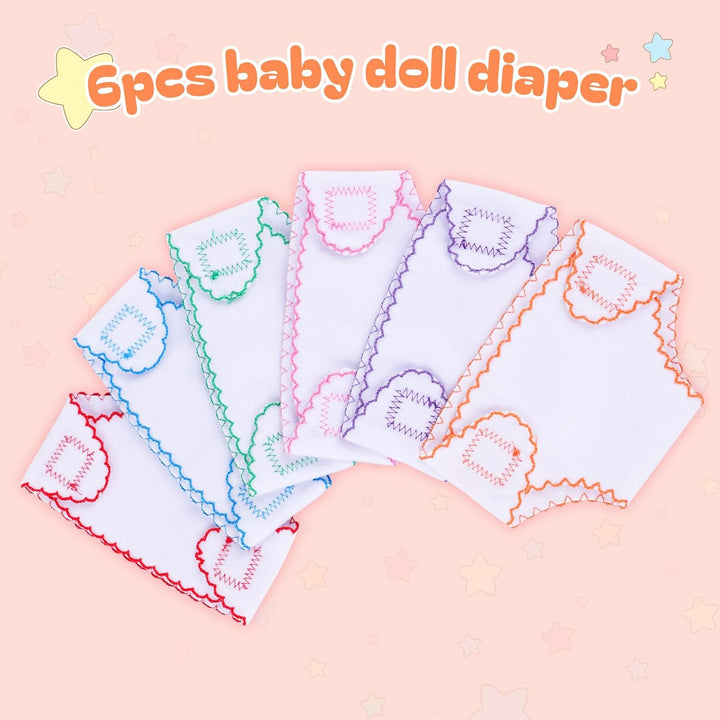 6 Pcs Baby Doll Diapers for 12-15 Inch Dolls, Reusable & Washable Doll Underwear Fits Newborn Baby Dolls, Pretend Play Accessories for Toddlers Girls