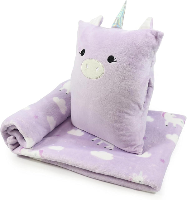 3-In-1 Kids Travel Blanket and Pillow Set, Snuggle Pillow with Hand Warmer, 40X60 Inches Unicorn Blanket for Girls Compact, Perfect for Travel, Camping, Home and Office