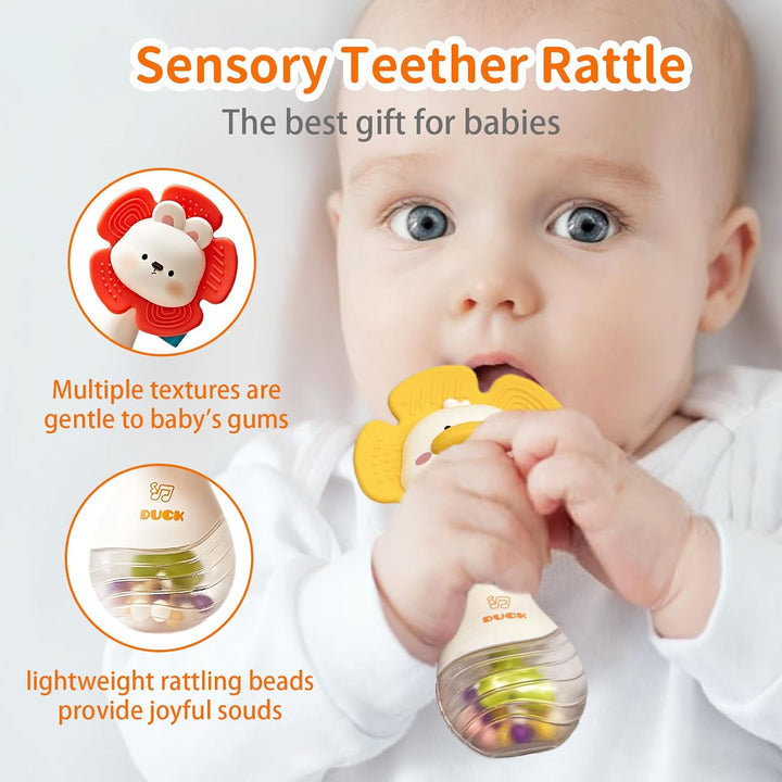 2 PCS Baby Rattles Teething Toys 3-6 Month, Baby Toys for 0-6 Months Infant Toy Sensory Toys with Beads Grasping Shaker, Newborn Must Haves Montessori Toys Babies Gifts