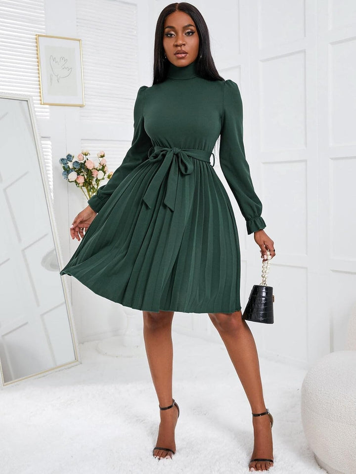 ROLVK Women'S Casual Dresses Turtleneck Flounce Sleeve Pleated Hem Belted Dress Charming Mystery Special Beautiful
