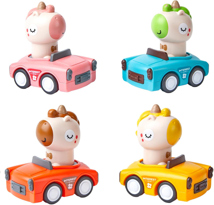 Wind up Press Cars, Four Unicorn Play Figure Racing Cars Set for Toddlers Baby Boys Girls,Animal Vehicle Toys, Press Then Go
