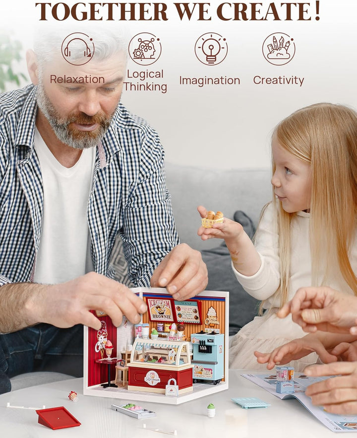 Super Creator Series, DIY Mini Ice Cream Store Dollhouse House Kit, Bulid Scenary for Action Collectible Figures,Creative Gifts for Women Kid Adults