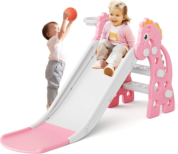 Toddler Slide for Indoor & Outdoor Play with Basketball Hoop, Anti-Slip Steps, 46.8In Baby Climber (Pink)