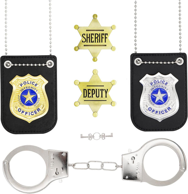 5Pcs Sheriff Deputy Badge,Police Badge, Metal Handcuffs with Keys for Police Pretend Play Party Accessories Set,Detective Role Play Accessory