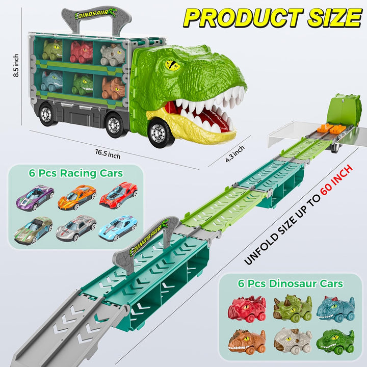 13 in 1 Dinosaur Toys Car for Kids, Dinosaur Transport Truck Track Set, Toddler Boy Toys Age 2-4 1-3, Birthday Gifts Toy for 3 4 5 6+ Year Old Boy,Foldable Track & Race Mode W/ 6 Dino Car & 6 Race Car