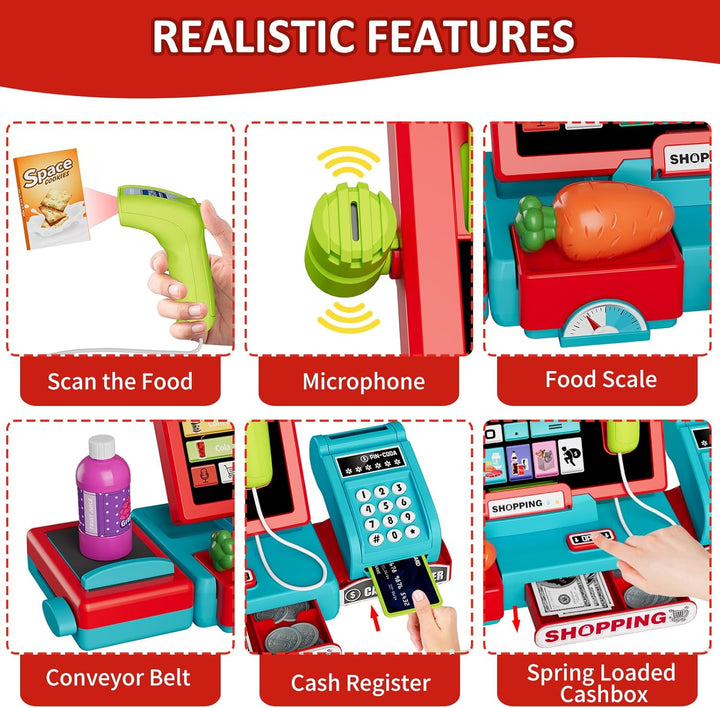 Kids Cash Register Toy Playset with Real Calculator, Toddler Pretend Play Store Incl Scanner/Credit Card/Play Money/Conveyor/Food Toys, Learning Toys Gifts for Boys Ages 4-8 8-12, Red