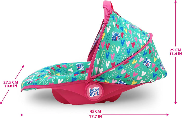 : Deluxe Doll Car Seat - Green, Pink, Hearts - Accessory for Dolls up to 18", Portable, Transform to Lounge Seat, Canopy, Kids Toy Ages 3+