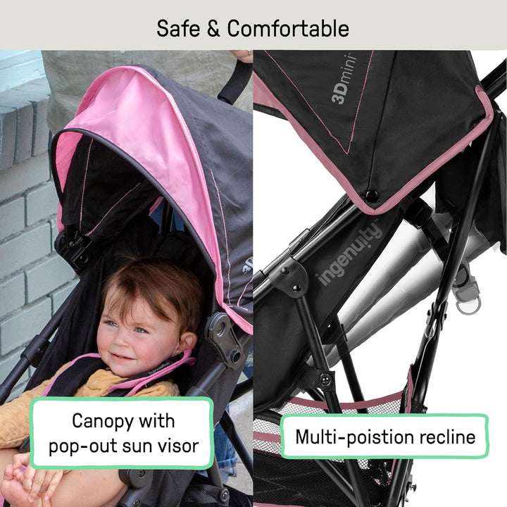 3D Mini Convenience Stroller – Lightweight Stroller with Compact Fold, Multi-Position Recline, Canopy with Pop Out Sun Visor and More – Umbrella Stroller for Travel, Pink