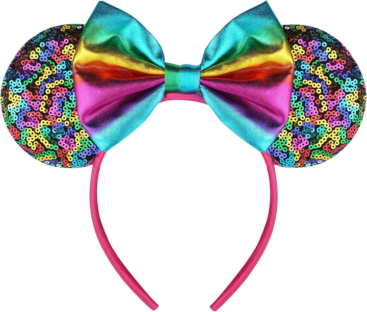 Mouse Ears, Sequin Mouse Ears Headband for Girls Women Halloween Birthday Party (Orange Bow)
