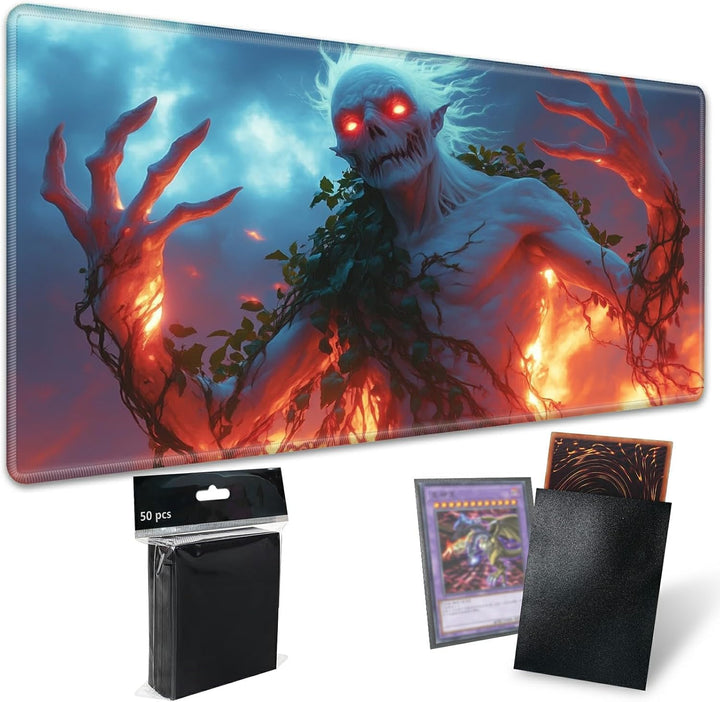 TCG Playmat Board Game Mat plus 50 Pcs Card Sleeves, 24 X 14 Table Mats Game Mousepad with Soft Surface Non-Slip Base for MTG RPG CCG Trading Card Game Playmats, Green Frog