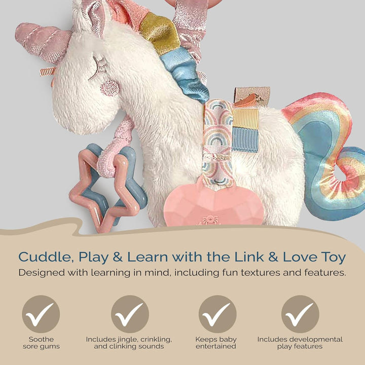 Link & Love Toy for Stroller or Car Seat; Features Textured Ribbons, Crinkle Sounds, Clinking Rings & Silicone Teether; Designed for Ages 0 Months and up (Unicorn)