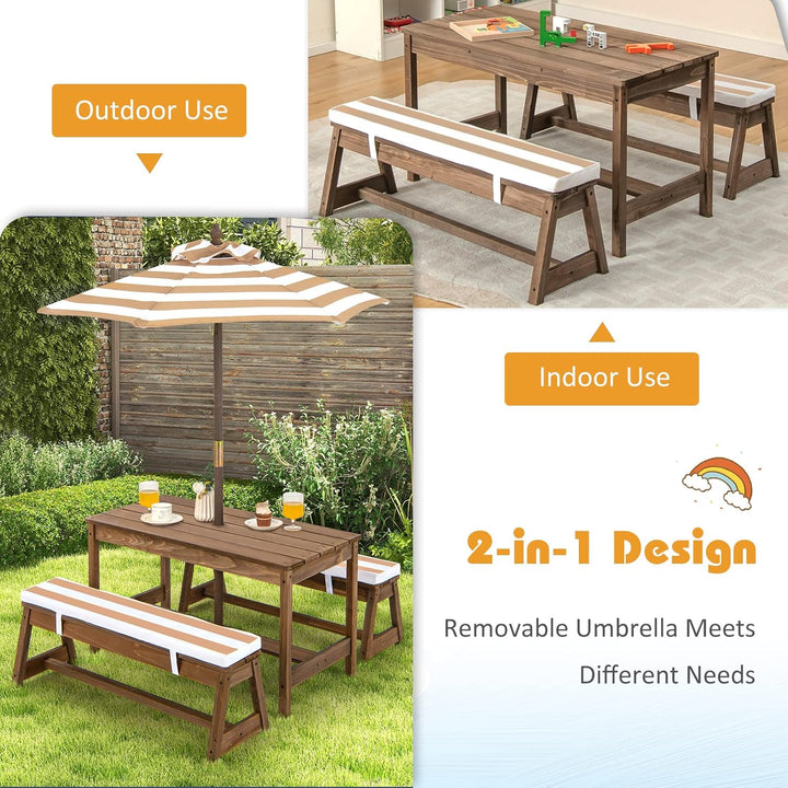 Kids Picnic Table, Toddler Wood Table & Chair Set W/Cushions, Height Adjustable Umbrella, Children Activity Table Outdoor Furniture Set for Patio, Garden, Backyard, Gift for Ages 3-8 (Coffee)