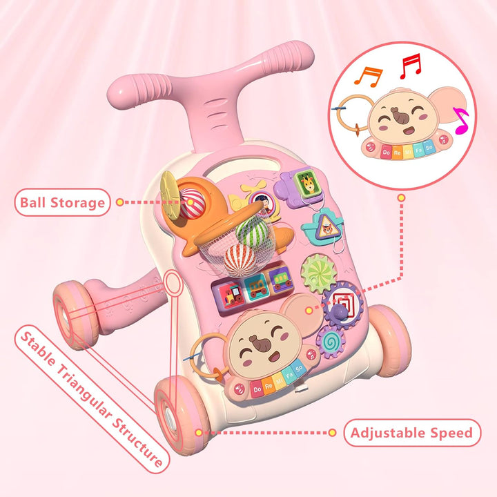 3 in 1 Baby Walker and Activity Center for Girl, Learning to Walk, Sit to Stand, Early Educational Push Toys with Music Panel for Infant Toddler 12+ Months Pink